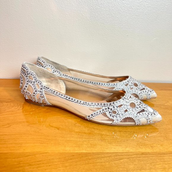 Badgley Mischka BHLDN Size 7.5 Gigi Pointed Toe Jeweled Ivory Ballet Flats Shoes - Picture 3 of 15